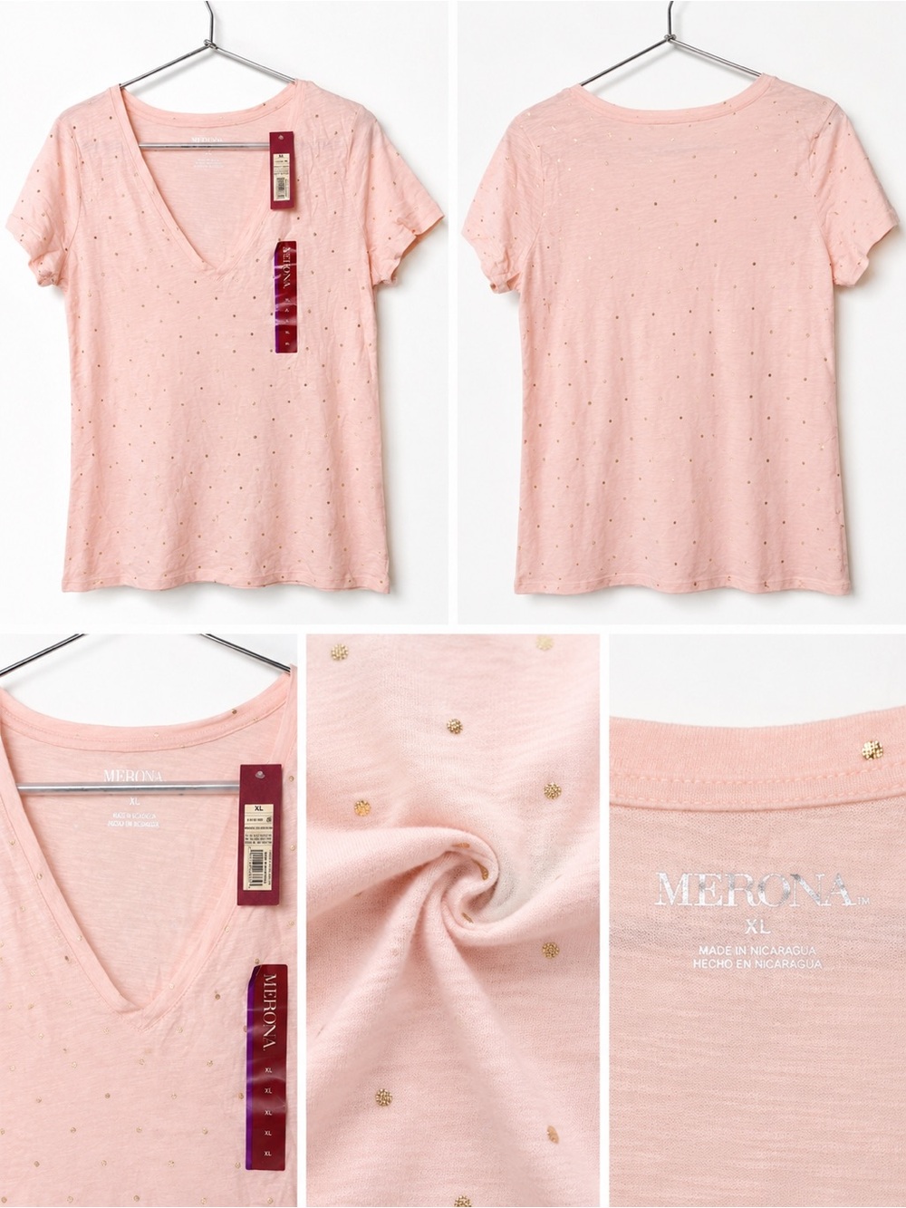 Merona Women's Pink Short-Sleeve V-Neck Tee with Gold Dot Accents
